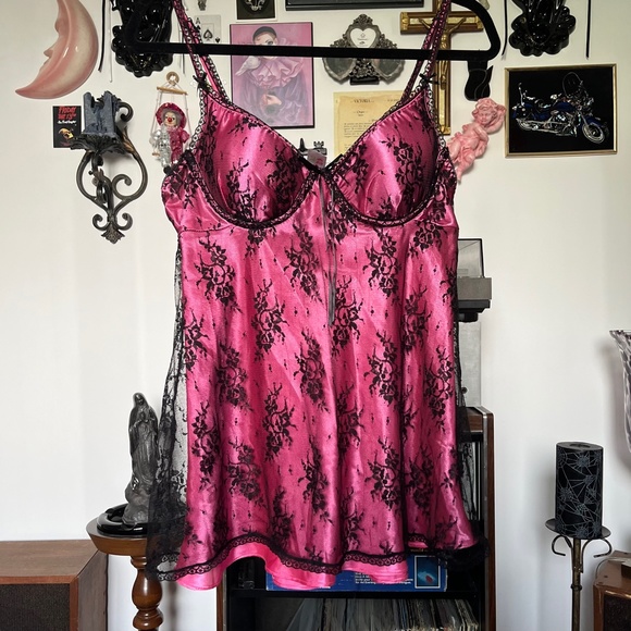 Y2K Bustier Cami Pink Black Lace Slip Top Vintage - Picture 2 of 5